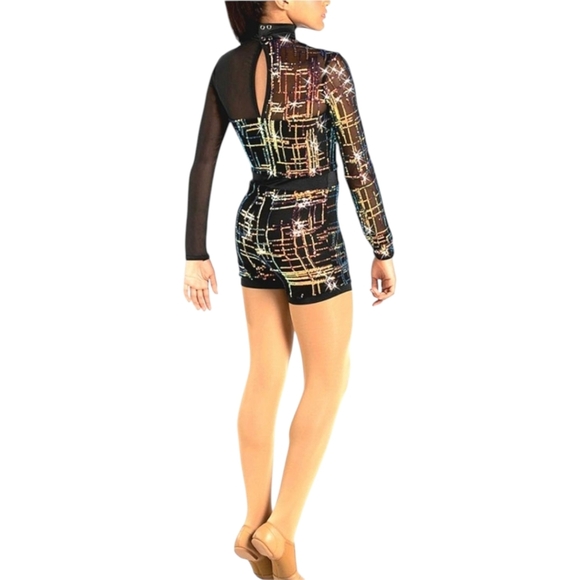Weissman Dance Romper Sequin Black Mesh Long Sleeve Costume Adult Jazz Lyrical M - Picture 2 of 11
